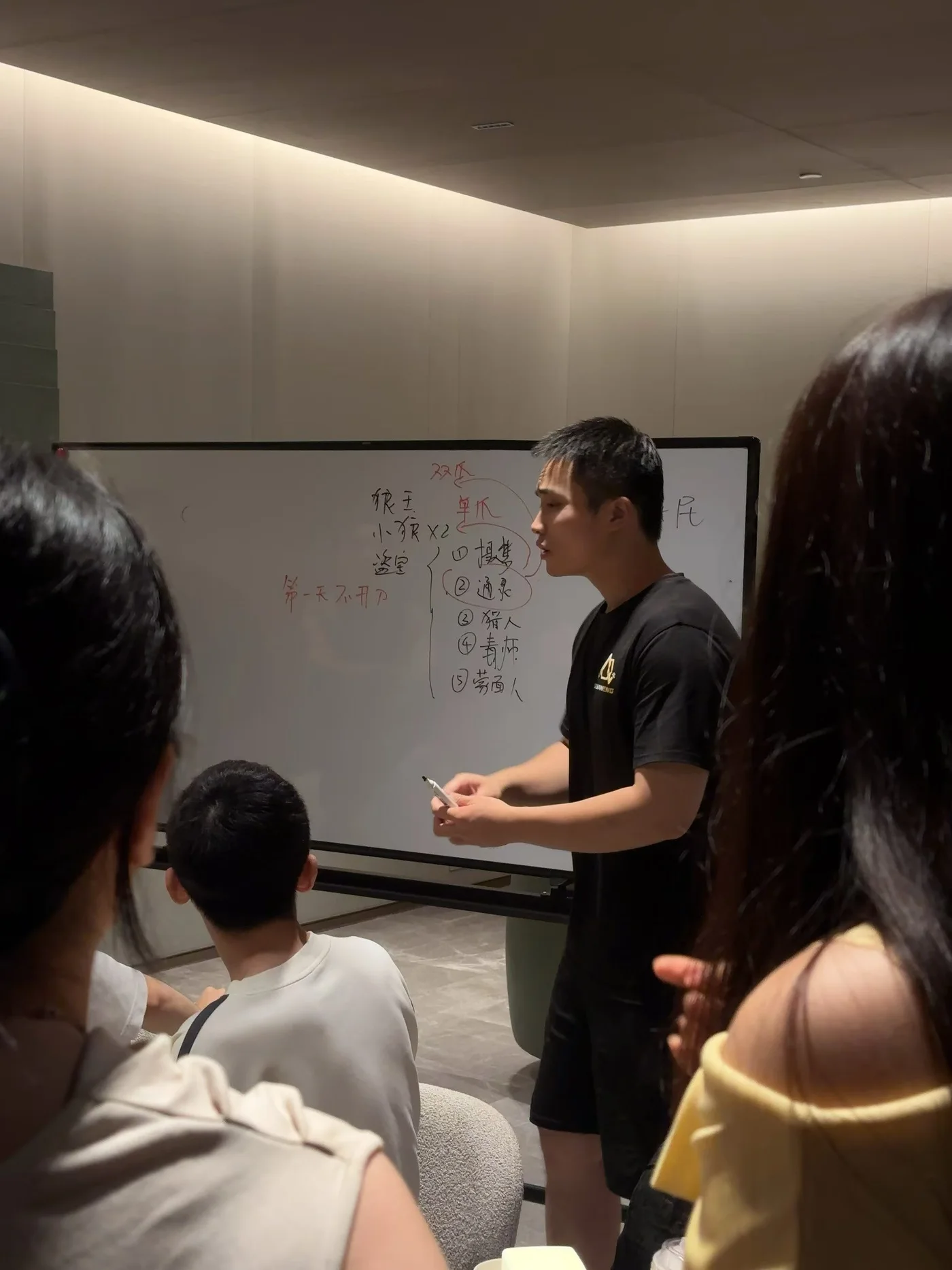 主持人在白板前向参与者讲解角色和规则